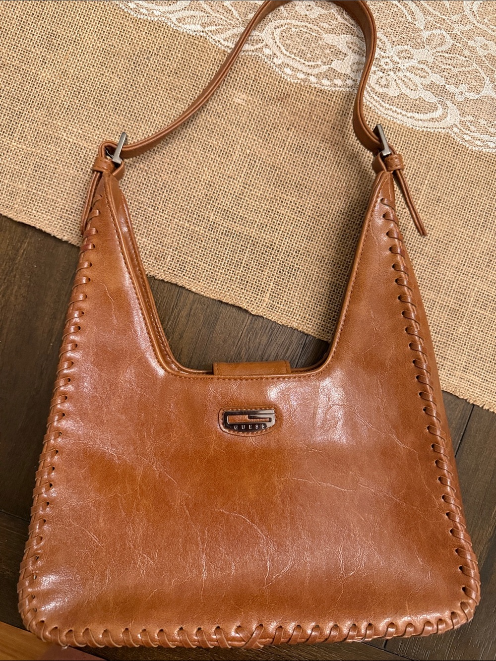 GUESS Tan Whipstitch Leather Shoulder Bag